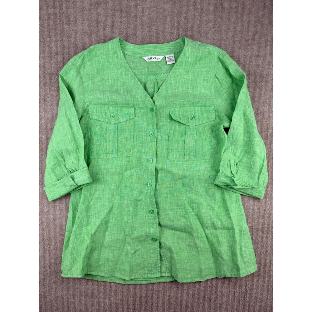 Orvis Womens Green 100% Linen V-Neck 3/4 Sleeve Button Up Shirt Size M 41602